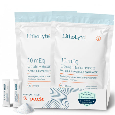 LithoLyte 10mEq stick in glass for hydration and citrate support.