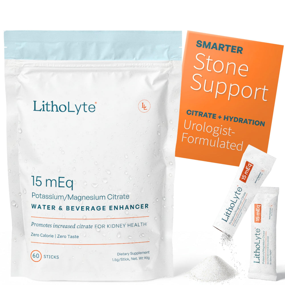 LithoLyte 15 mEq sticks dissolving into a bottle for hydration and kidney support.