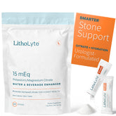 LithoLyte 15 mEq sticks dissolving into a bottle for hydration and kidney support.
