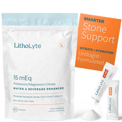 LithoLyte 15 mEq sticks dissolving into a bottle for hydration and kidney support.