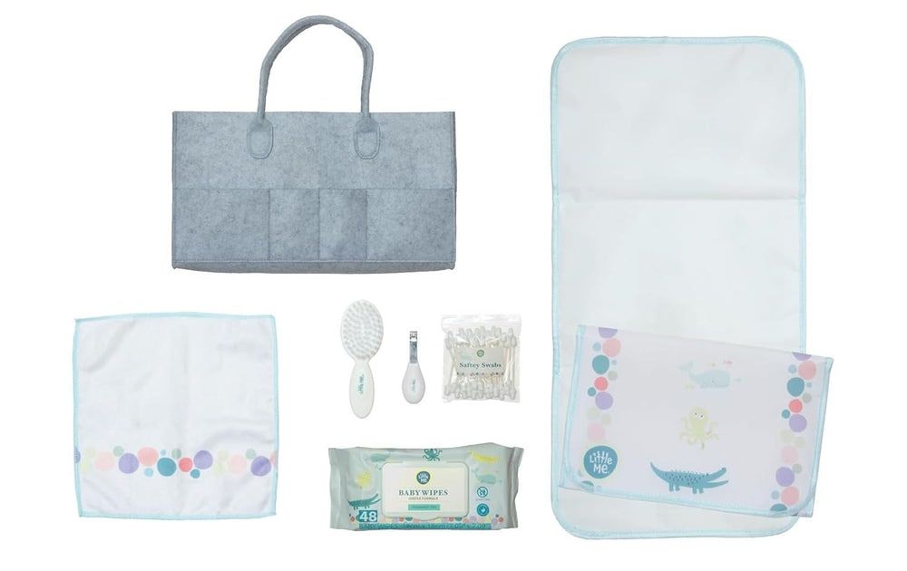 Little Me Accessories Caddy 7-piece bundle with hypoallergenic wipes for on-the-go newborn care