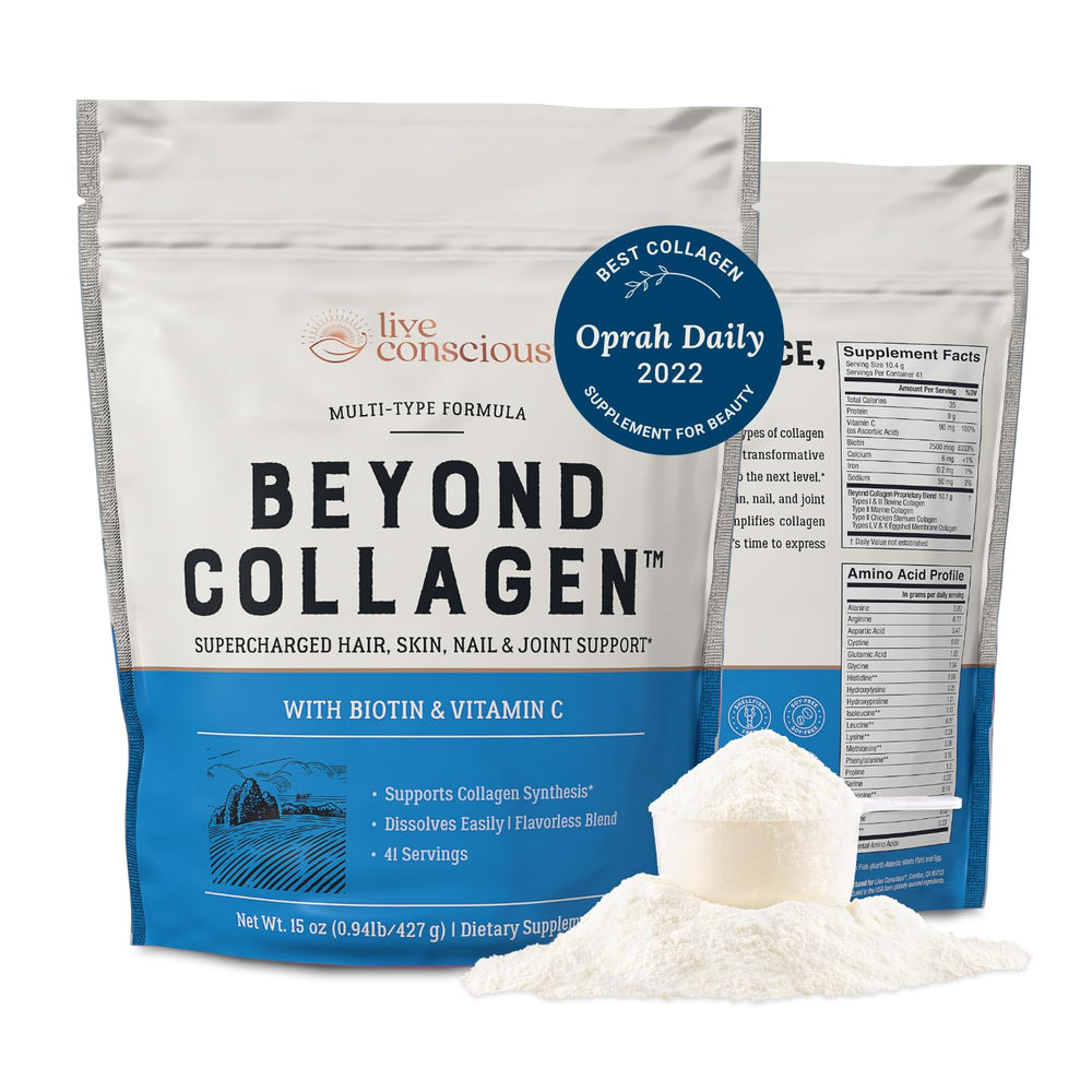Live Conscious Beyond Collagen bottle on counter shows premium daily support for skin, hair and nails.