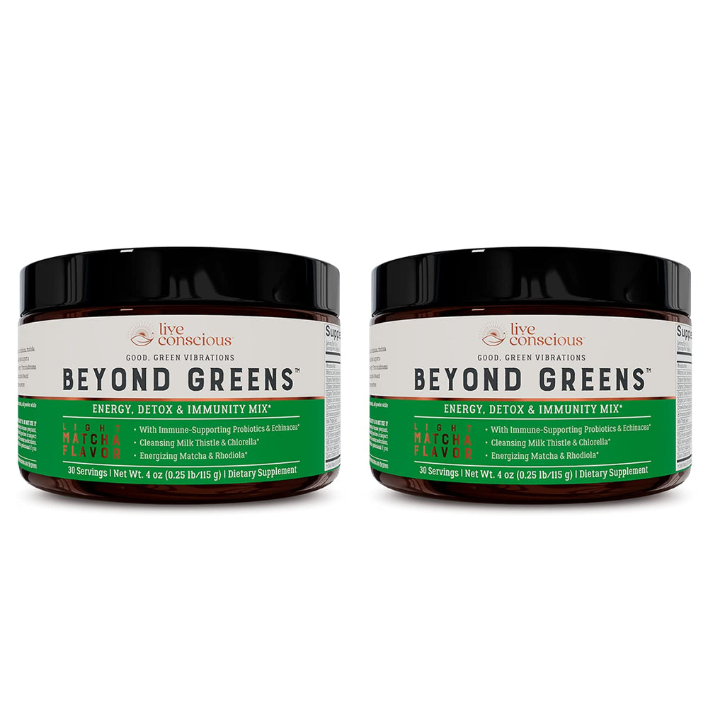 Live Conscious Beyond Greens Matcha canister with label, supports immune energy.