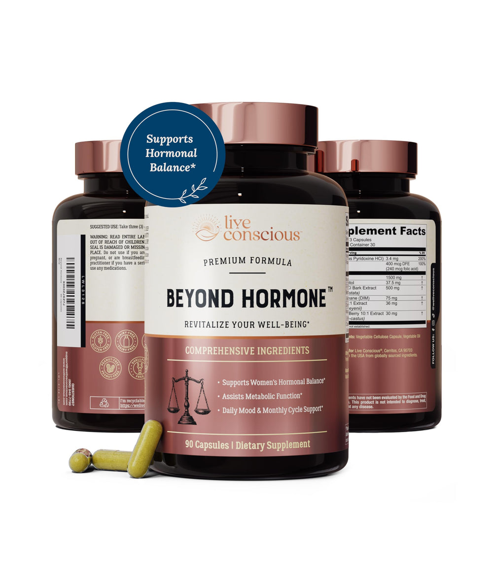 Live Conscious Beyond Hormone bottle front view showing metabolism support and balance potential.