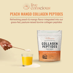 Scoop of Live Conscious Peach Mango collagen measuring a convenient daily serving.