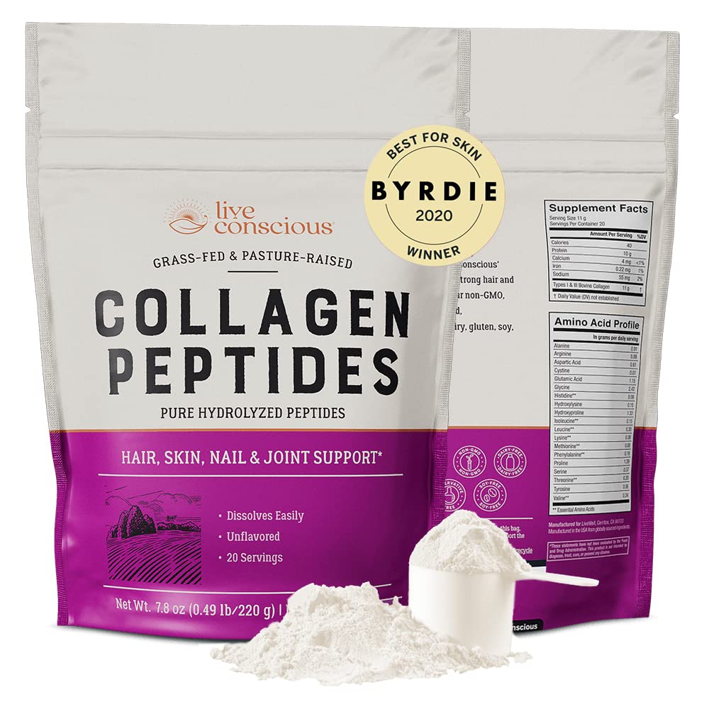 Live Conscious collagen powder bottle showing convenient daily use for skin, hair, and nails