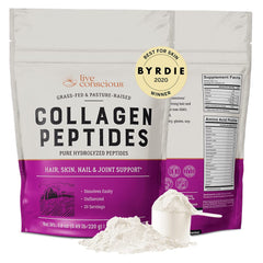 Live Conscious collagen powder bottle showing convenient daily use for skin, hair, and nails