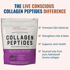 Live Conscious Collagen Powder dissolving smoothly in a glass of water or juice.