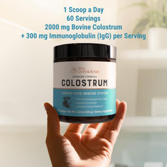Bovine colostrum ingredient close-up emphasizes bioactive proteins for digestion