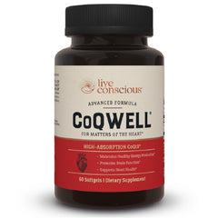 Live Conscious CoQWell bottle angled view highlighting 60 softgels for daily energy support.