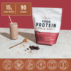 Live Conscious Cosmic Cacao ingredients show pea, rice, pumpkin, and sacha inchi blends.