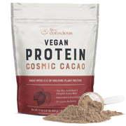 Live Conscious Cosmic Cacao powder in a tub for plant-based protein and quick shakes.