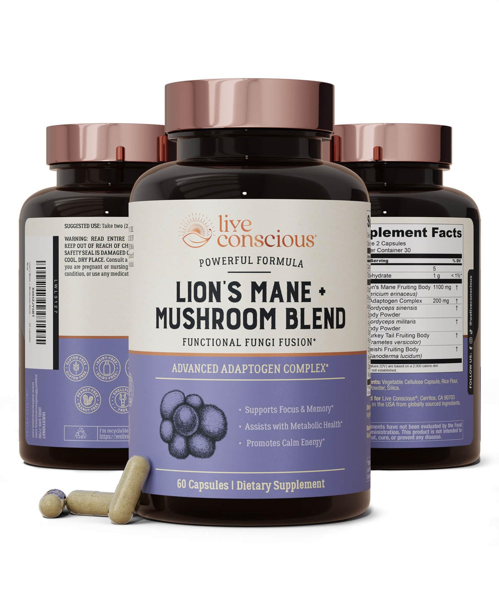 Live Conscious Lions Mane bottle front promoting cognitive support and focus.