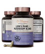 Live Conscious Lions Mane bottle front promoting cognitive support and focus.