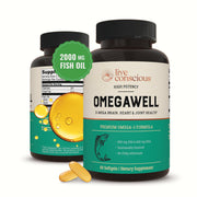 Live Conscious OmegaWell bottle front with burpless softgels for daily heart, brain, and joint support.