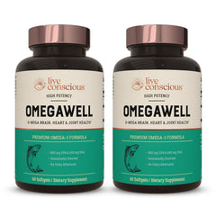 Live Conscious OmegaWell bottle front highlights high-potency omega-3 for daily support.