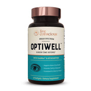 Live Conscious OptiWell eye health softgels supporting daily screen use and comfort.