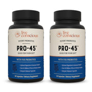 Live Conscious PRO45 bottle front showing 60 capsules for digestive and immune support.