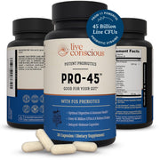 Live Conscious PRO45 bottle with capsules highlighting 45B CFU for digestive wellness.