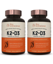 Live Conscious Vitamin K2 MK7 with D3 bottle front for daily bone and heart support.