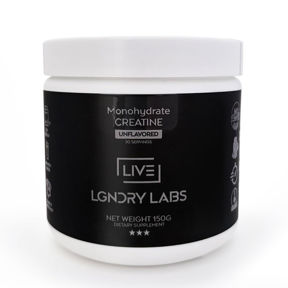 LIVE LGNDRY LABS creatine monohydrate bottle shows ultra-pure powder for easy mix.