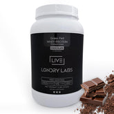 LIVE LGNDRY LABS grass-fed whey tub in chocolate flavor for clean post-workout fueling.