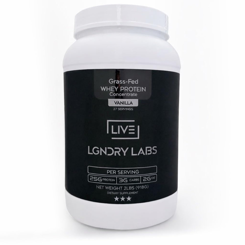 LIVE LGNDRY LABS grass-fed whey vanilla powder jar for clean protein fueling