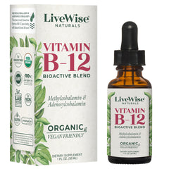 Live Wise Naturals B12 Drops in an amber bottle ready for quick absorption.