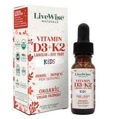 Live Wise Naturals Kids D3+K2 liquid drops with dropper for daily bone support.