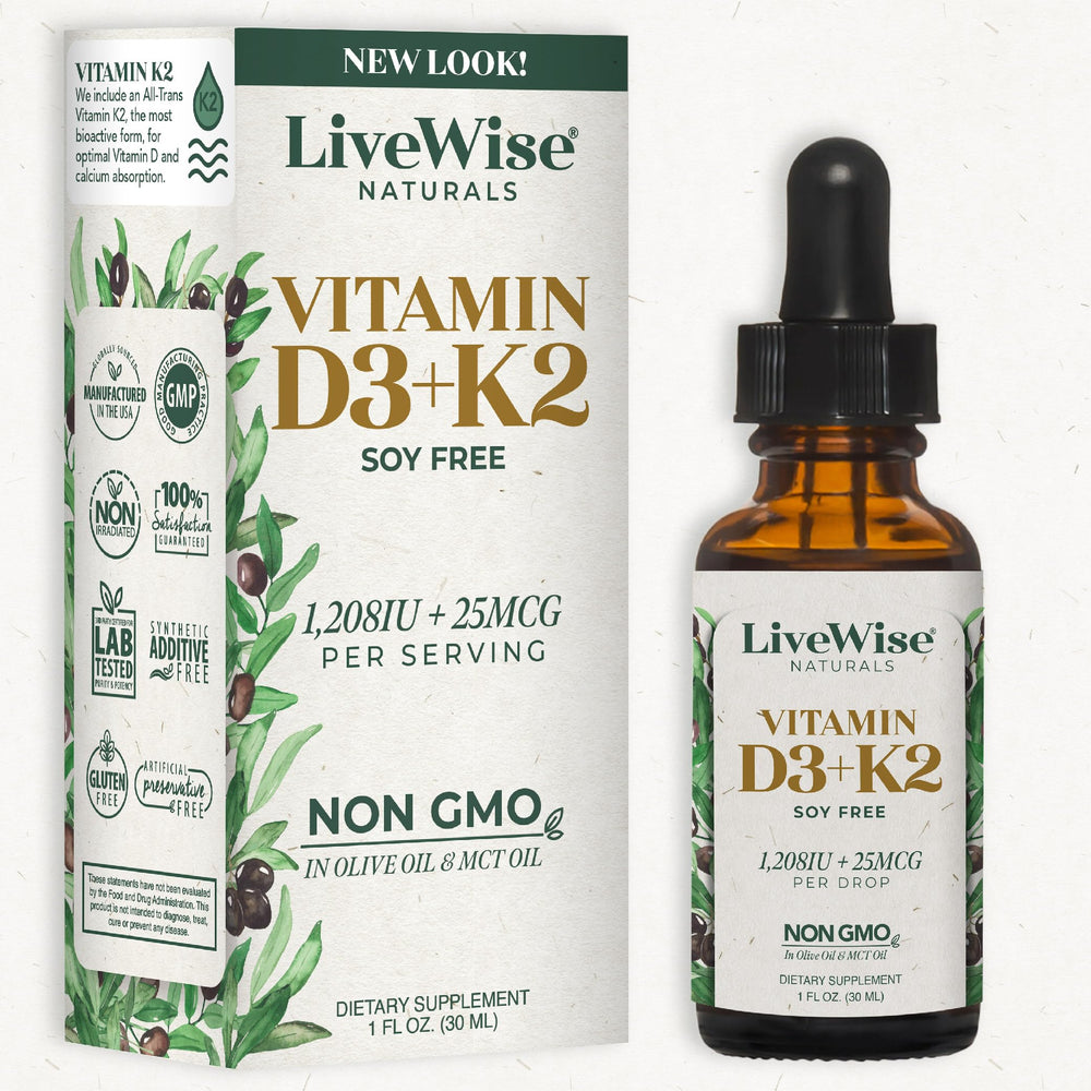 Live Wise Naturals Vitamin D3 with K2 bottle shows an all-natural formula for bone support.