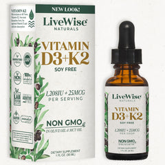 Live Wise Naturals Vitamin D3 with K2 bottle shows an all-natural formula for bone support.