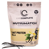 LiveComplete NutriMatch Vanilla tub showing clean vegan protein for daily muscle support