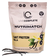 LiveComplete NutriMatch Vanilla tub showing clean vegan protein for daily muscle support