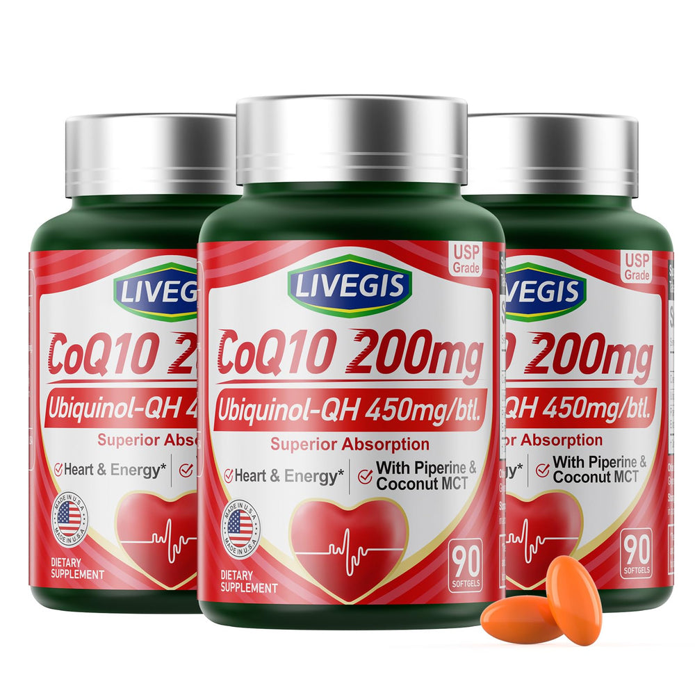 LIVEGIS CoQ10 softgels bottle front showing 200 mg potency for daily energy
