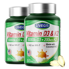 LIVEGIS Vitamin D3 K2 softgels bottle front shows 90-count per bottle