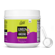 Lively Vitamin Co Lively Greens with Reds bottle closeup with peach-berry flavor for daily energy