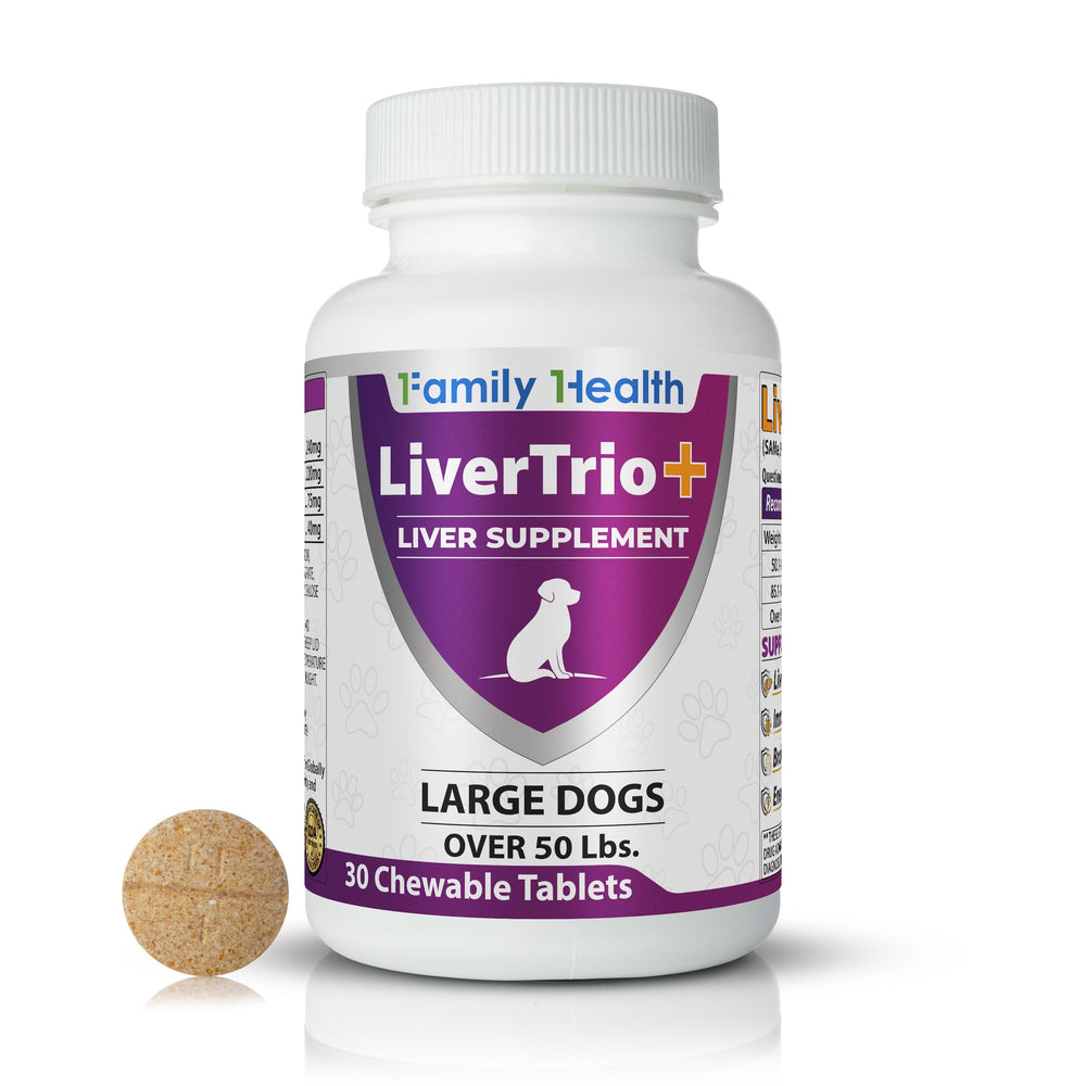 LiverTrio+ large dog chewable tablets ready to snack for daily support.