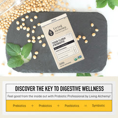 Living Alchemy fermented soybean capsules close-up highlighting probiotic source.