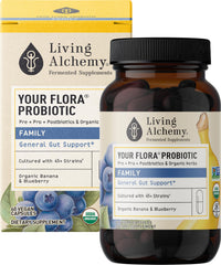 Living Alchemy Your Flora Probiotic Family bottle front supports daily gut balance