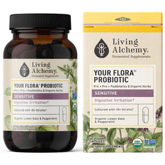 Living Alchemy Your Flora Sensitive bottle for gentle digestion.