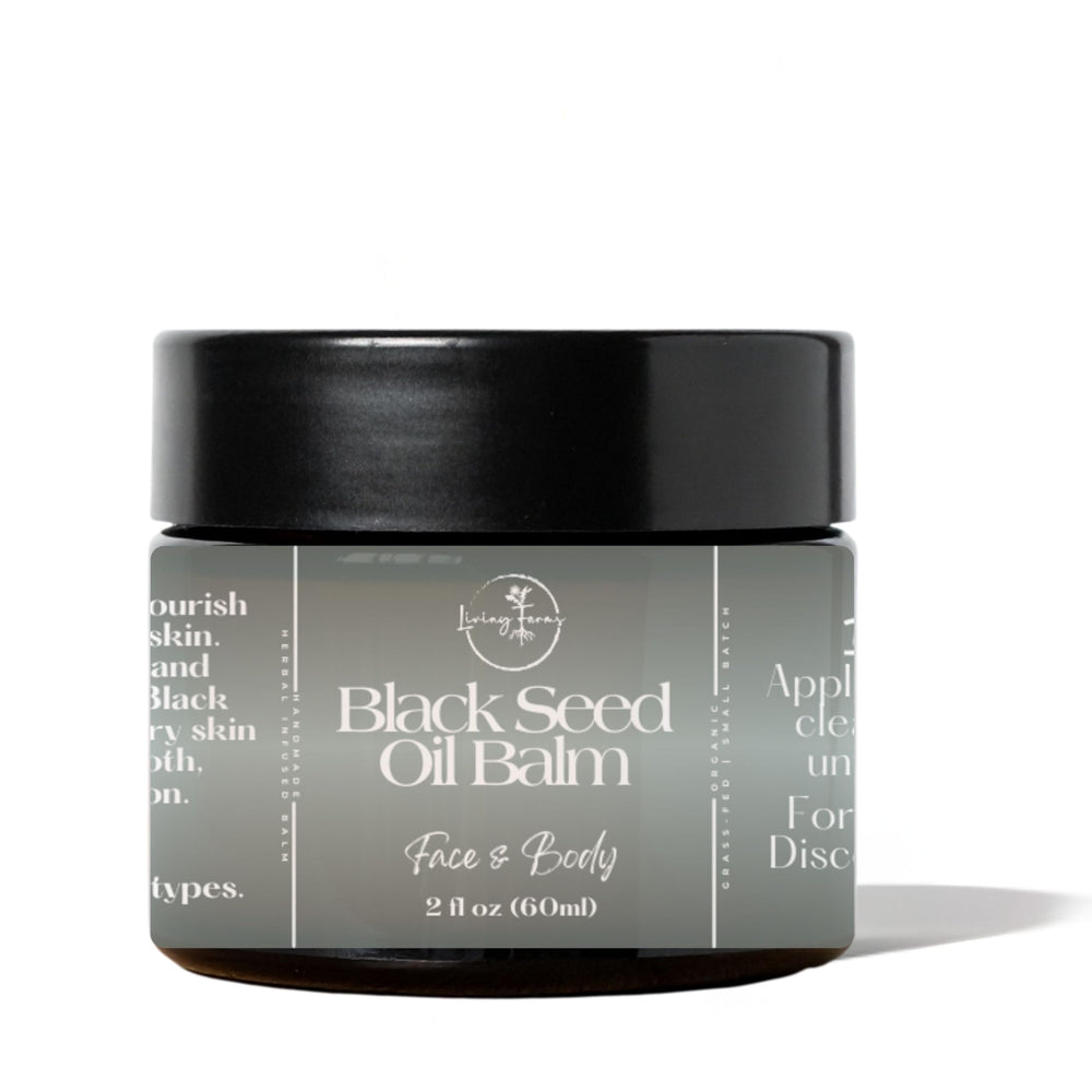 Living Farms Black Seed Oil Balm bottle shows fast absorption for dry skin