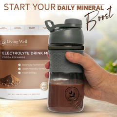 Living Well with Dr. Michelle chocolate electrolyte powder drink glass shows caffeine-free hydration.