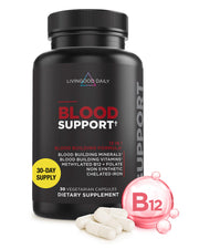 Livingood Daily Iron supplement bottle shown on countertop, supporting daily energy and iron intake