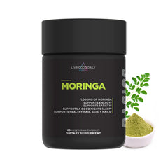 Livingood Daily Moringa capsules bottle front showcases plant-based wellness in a sleek package.
