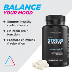 Livingood Daily Stress Support label close-up highlighting adaptogens