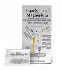 LivOn Lypo-Spheric Magnesium L-Threonate packets ready to mix in water for easy intake.