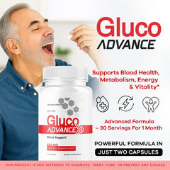 LIVORKA Gluco Advance capsules close-up emphasizes the 695 mg formula for daily support.
