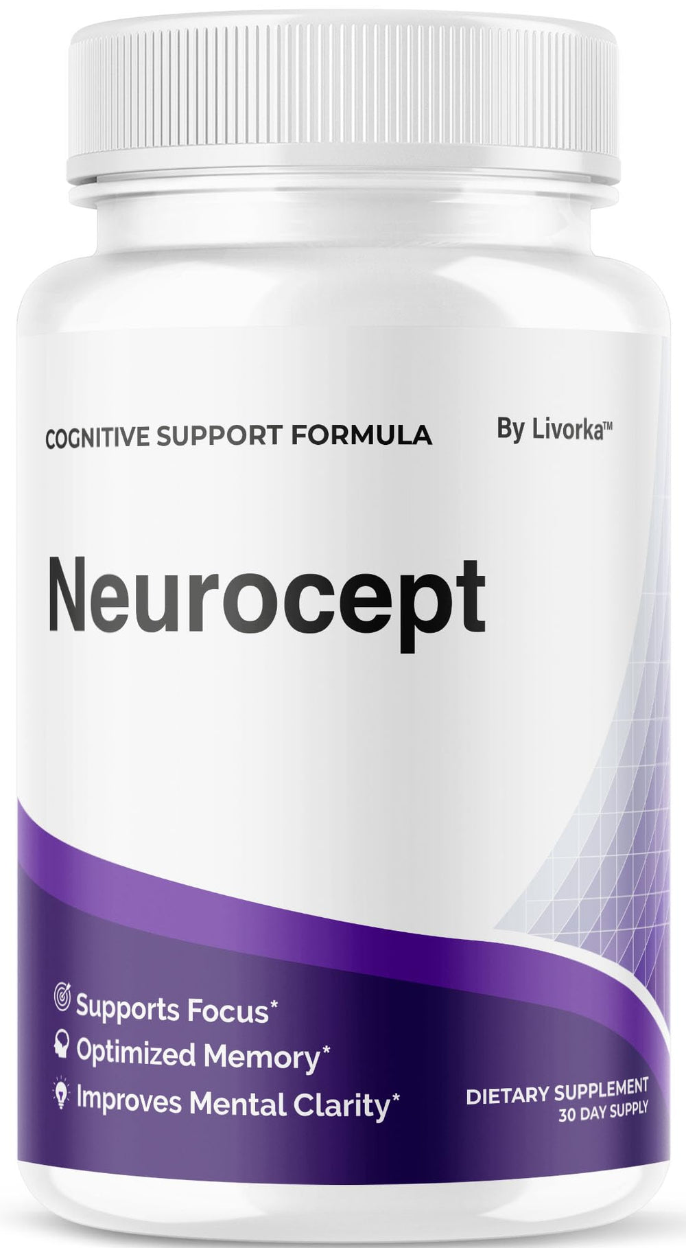 LIVORKA Neurocept bottle-front view with easy-to-swallow capsules for daily brain support.