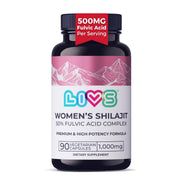 LIVS Women's Shilajit Capsules bottle showing pure Himalayan extract for daily vitality.