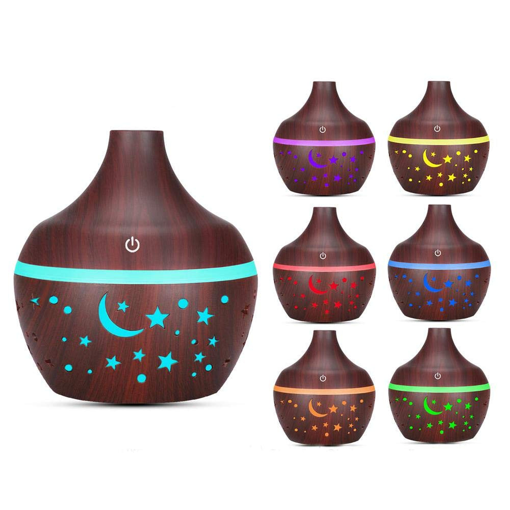 Liyeehao essential oil diffuser in dark wood grain showing 300ml capacity for room ambiance